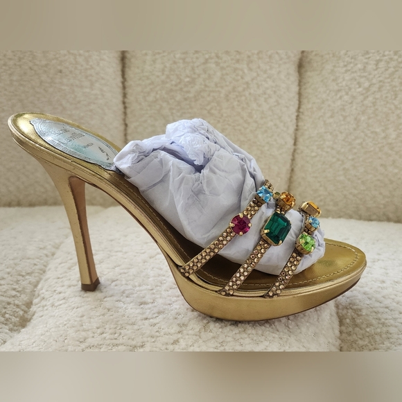 Rene Caovilla Gold Heels with Multicolor Gem Accents - Picture 1 of 10